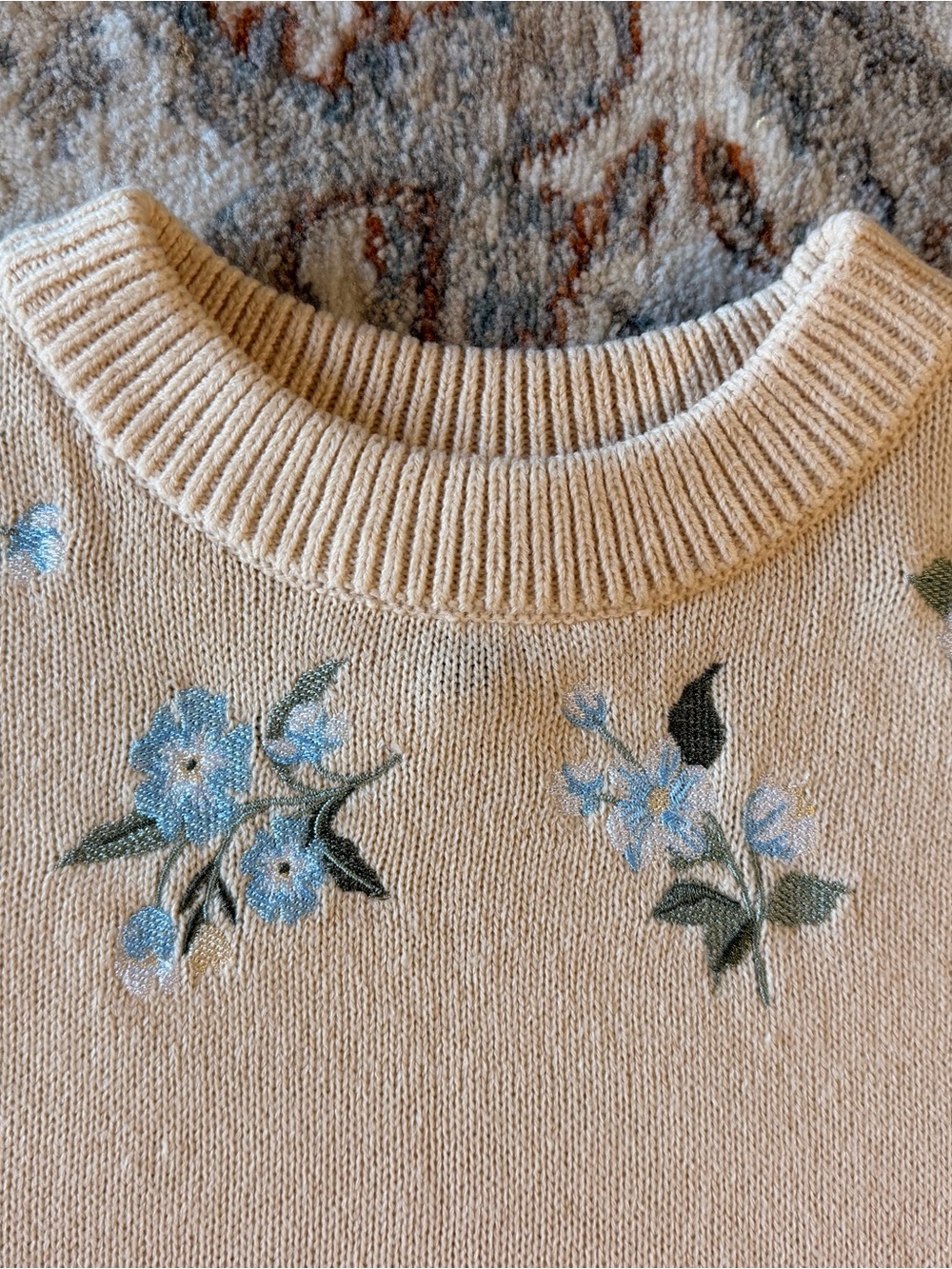 H&M Crewneck Sweater with Blue Floral Embroidery